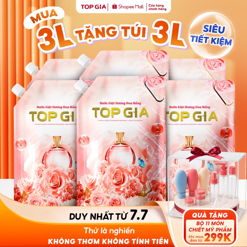 [MUA 3L TẶNG 3L] Nước Giặt TopGia Hương Hoa Nắng Dịu Nhẹ, Sạch Vết Bẩn, Lưu Hương 72H, Túi 1L