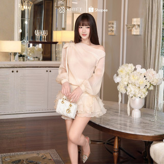 Đầm ngắn tơ nhún lệch vai chân váy tầng xòe bồng bềnh phong cách nữ tính KD650 KD650A