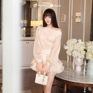 Đầm ngắn tơ nhún lệch vai chân váy tầng xòe bồng bềnh phong cách nữ tính KD650 KD650A