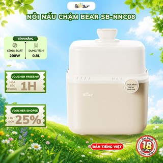 Nồi nấu chậm Bear SB-NNC08, Dung tích 0.8L, Kèm Lồng Hấp, Hầm Ninh Cách Thủy, Hẹn giờ, BH 18 Tháng
