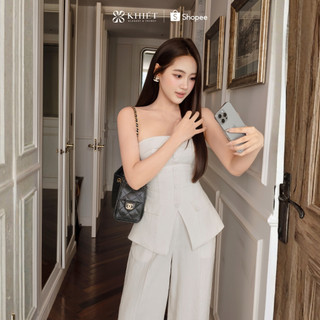 Set quần dài linen hoa kẻ sọc phối áo quây phong cách quyến rũ hiện đại KS653