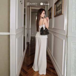Set quần dài linen hoa kẻ sọc phối áo quây phong cách quyến rũ hiện đại KS653