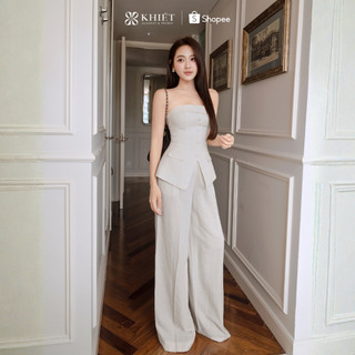 Set quần dài linen hoa kẻ sọc phối áo quây phong cách quyến rũ hiện đại KS653