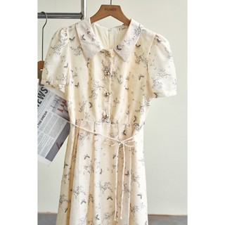 Đầm xòe LAMER dáng dài, váy đầm công sở cổ bẻ tay bồng dây buộc eo-Mchic O63L26H023