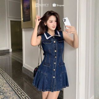 Đầm jean ngắn tay sát nách phối cổ viền ren trắng phong cách hiện đại KD588