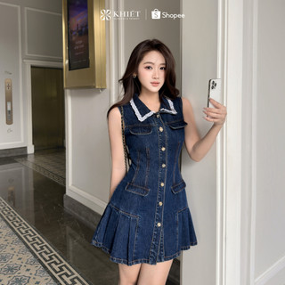 Đầm jean ngắn tay sát nách phối cổ viền ren trắng phong cách hiện đại KD588