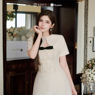 Set Đầm Kem Tiểu Thư Phối Choàng Rời Đính Nơ Nhung Thanh Lịch Sang Trọng KS632