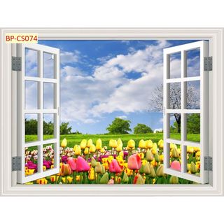 Tranh dán tường 3D khung cửa sổ thiên nhiên trong lành