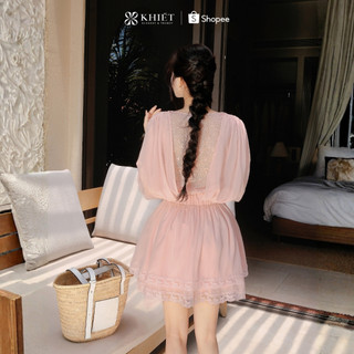 Đầm tơ cổ V phối ren dáng xòe nữ tính bay bổng Khiết KD613 KD613A