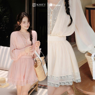 Đầm tơ cổ V phối ren dáng xòe nữ tính bay bổng Khiết KD613 KD613A