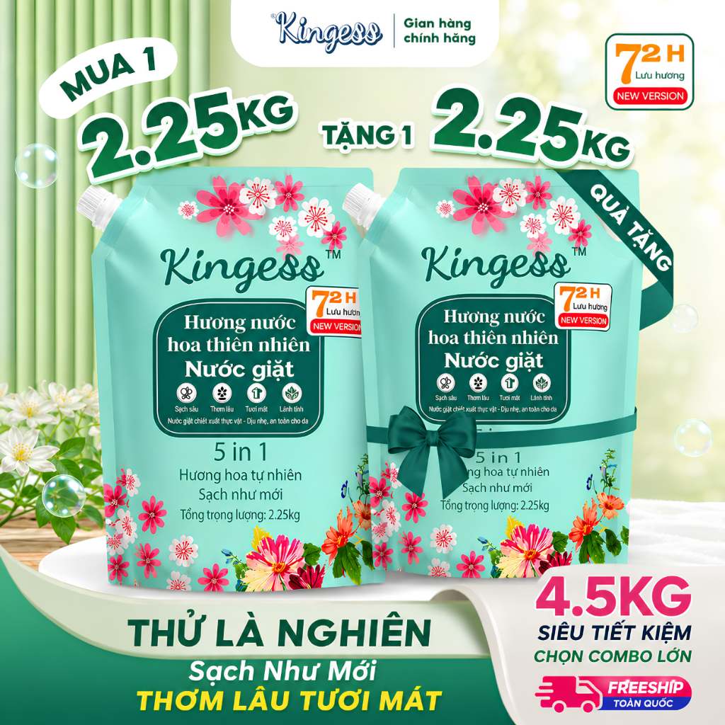 (MUA 1 TẶNG 1) Nước giặt Kingess hương hoa thiên nhiên,làm sạch vết bẩn lưu hương 72h, túi 2,2kg