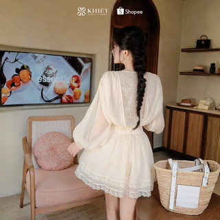 Đầm tơ cổ V phối ren dáng xòe nữ tính bay bổng Khiết KD613 KD613A