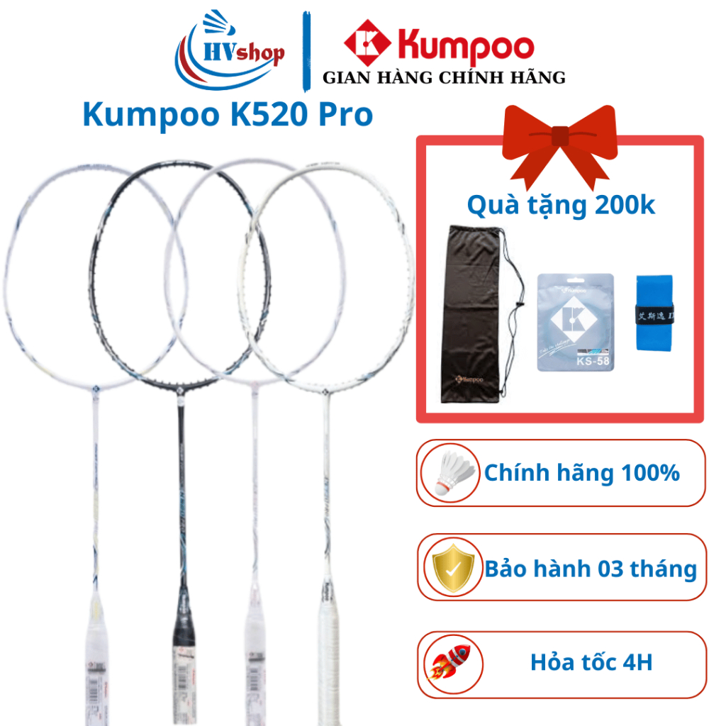 Vợt cầu lông Kumpoo K520 Pro chính hãng, KHUNG CHƯA CĂNG, kèm quà tặng 200k - HVShop