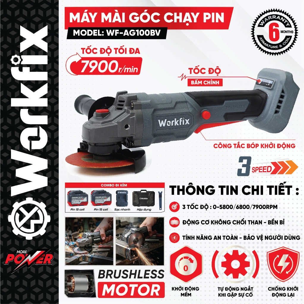 Máy Mài cầm tay WORKFIX WF-AG100BV, 3 cấp chỉnh tốc - Không chổi than - 2 pin 15cell mạch 4 mosfet
