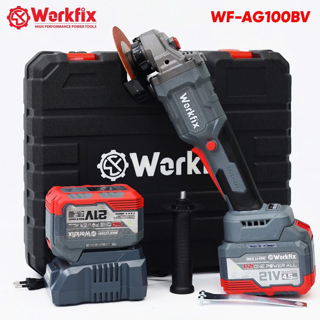 Máy Mài cầm tay WORKFIX WF-AG100BV, 3 cấp chỉnh tốc - Không chổi than - 2 pin 15cell mạch 4 mosfet