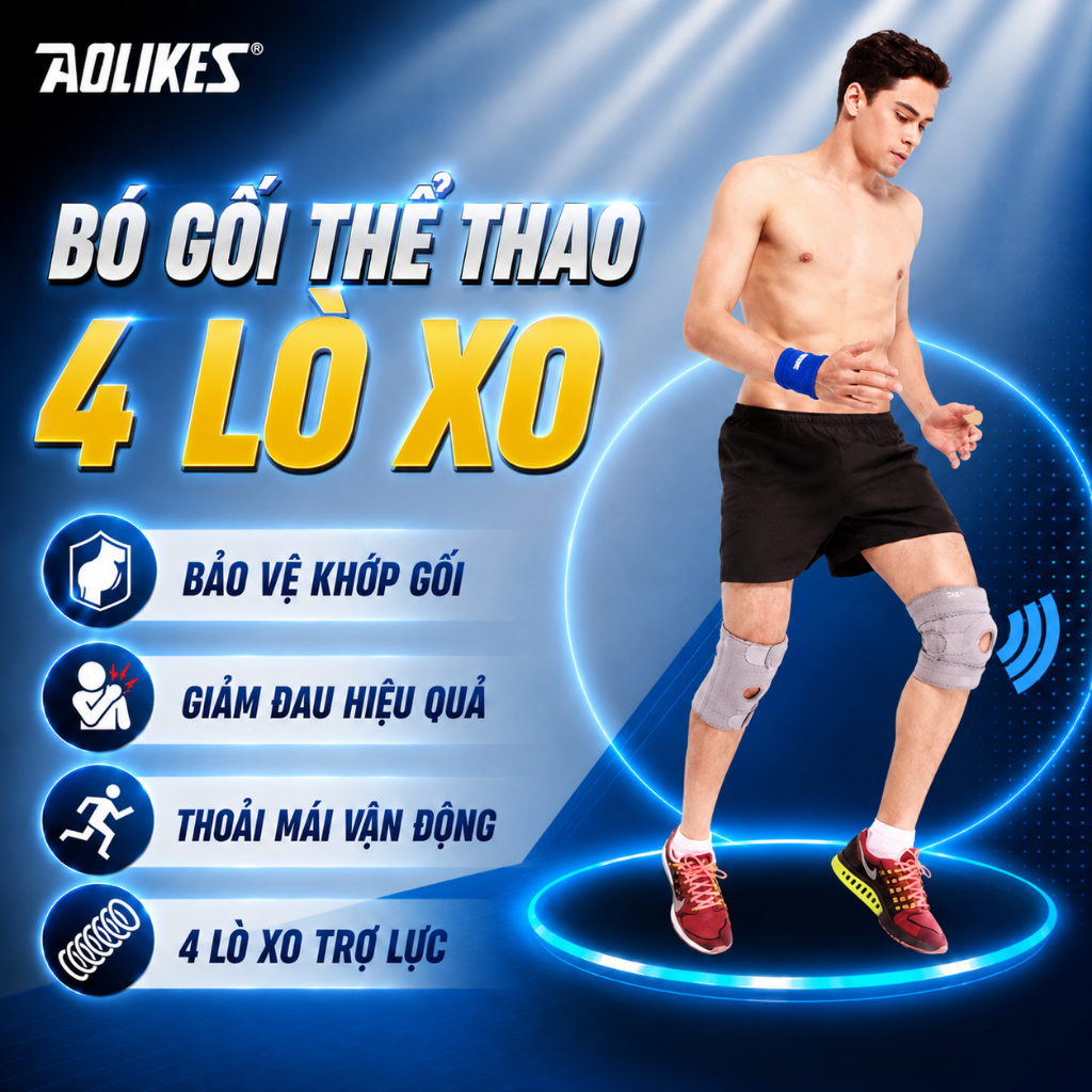 Băng Gối Thể Thao Aolikes 4 lò xo 7912,Bó Gối Tập Gym, Đá Bóng,Cầu Lông,Bóng Chuyền,Pickleball
