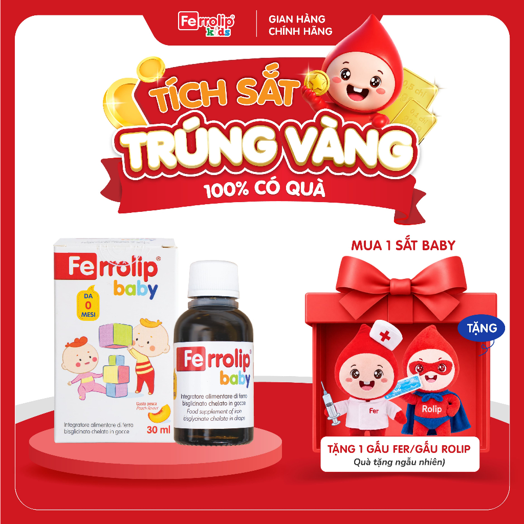 [ MUA 1 TẶNG 1] Sắt Ferrolip Baby  - Sắt Bisglycinate Dễ Hấp Thu, Không Tanh, Vị Đào Dễ Uống  Tặng Gấu Fer Hoặc Rolip