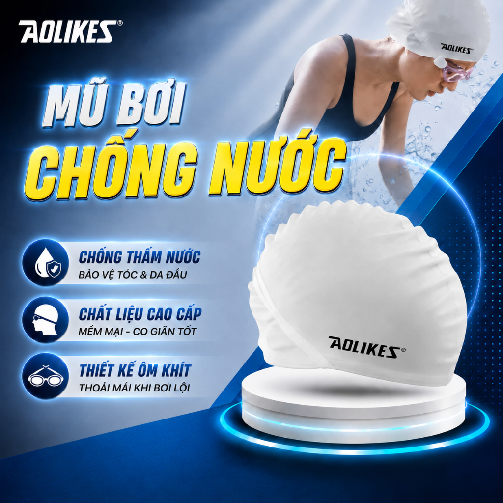 Mũ bơi người lớn AOLIKES Nón bơi Nam nữ che tai Silicon chống nước