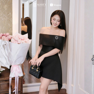 Đầm trễ vai Khiết Style đen dáng xòe vạt chéo đính charm đá phong cách dự tiệc sang trọng quyến rũ KD614 KD614A