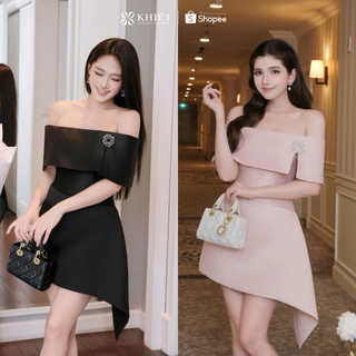 Đầm trễ vai Khiết Style đen dáng xòe vạt chéo đính charm đá phong cách dự tiệc sang trọng quyến rũ KD614 KD614A