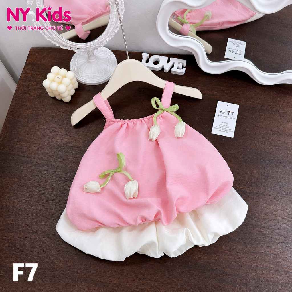 Bộ Đồ Bé Gái Áo 2 Dây Hoa Tulip Phối Quần Bí Đũi Hàn Cao Cấp Form Bồng Mùa Hè Size 1-7 (8-22kg) F07