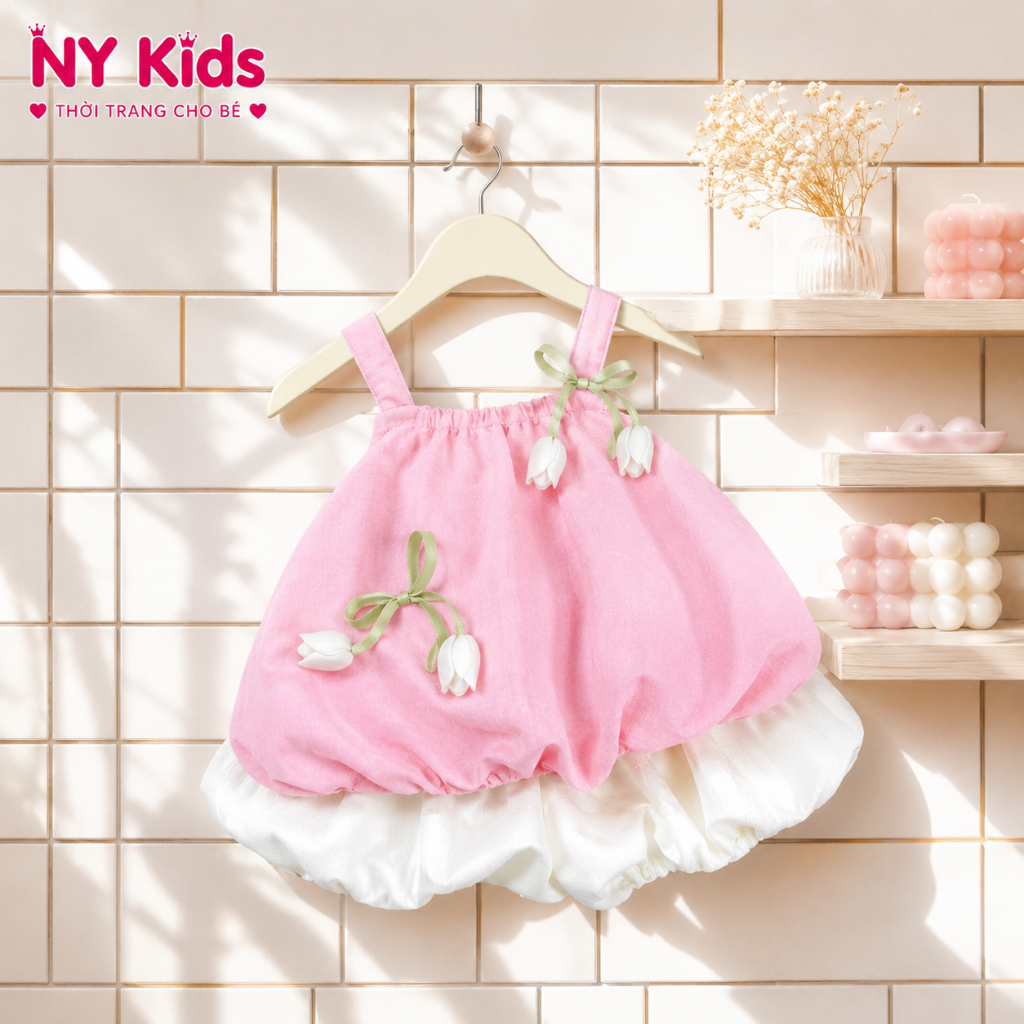 Bộ Đồ Bé Gái Áo 2 Dây Hoa Tulip Phối Quần Bí Đũi Hàn Cao Cấp Form Bồng Mùa Hè Size 1-7 (8-22kg) F07