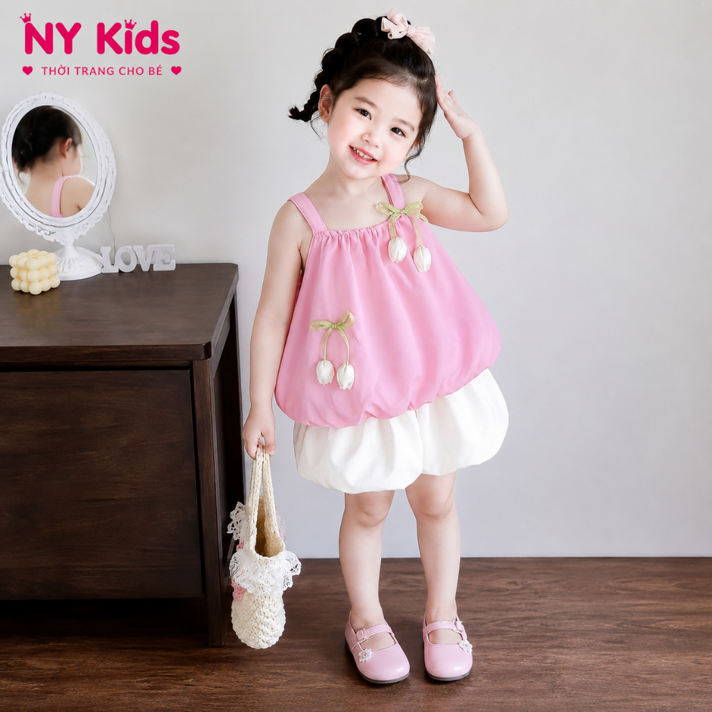 Bộ Đồ Bé Gái Áo 2 Dây Hoa Tulip Phối Quần Bí Đũi Hàn Cao Cấp Form Bồng Mùa Hè Size 1-7 (8-22kg) F07