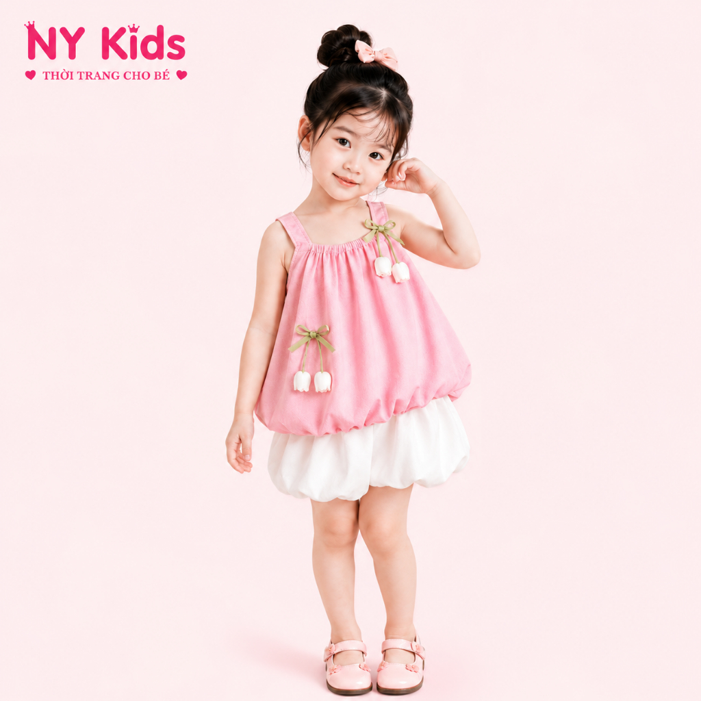Bộ Đồ Bé Gái Áo 2 Dây Hoa Tulip Phối Quần Bí Đũi Hàn Cao Cấp Form Bồng Mùa Hè Size 1-7 (8-22kg) F07