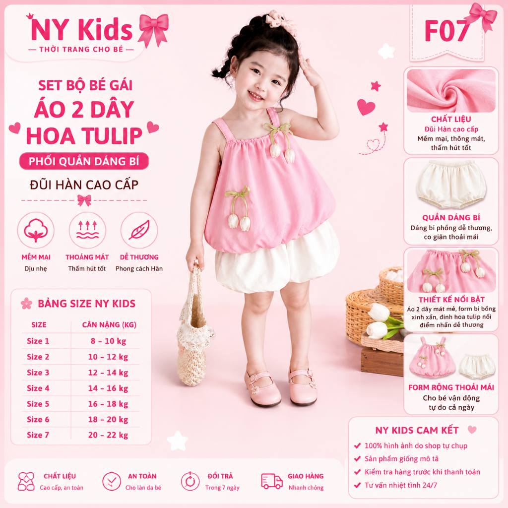 Bộ Đồ Bé Gái Áo 2 Dây Hoa Tulip Phối Quần Bí Đũi Hàn Cao Cấp Form Bồng Mùa Hè Size 1-7 (8-22kg) F07