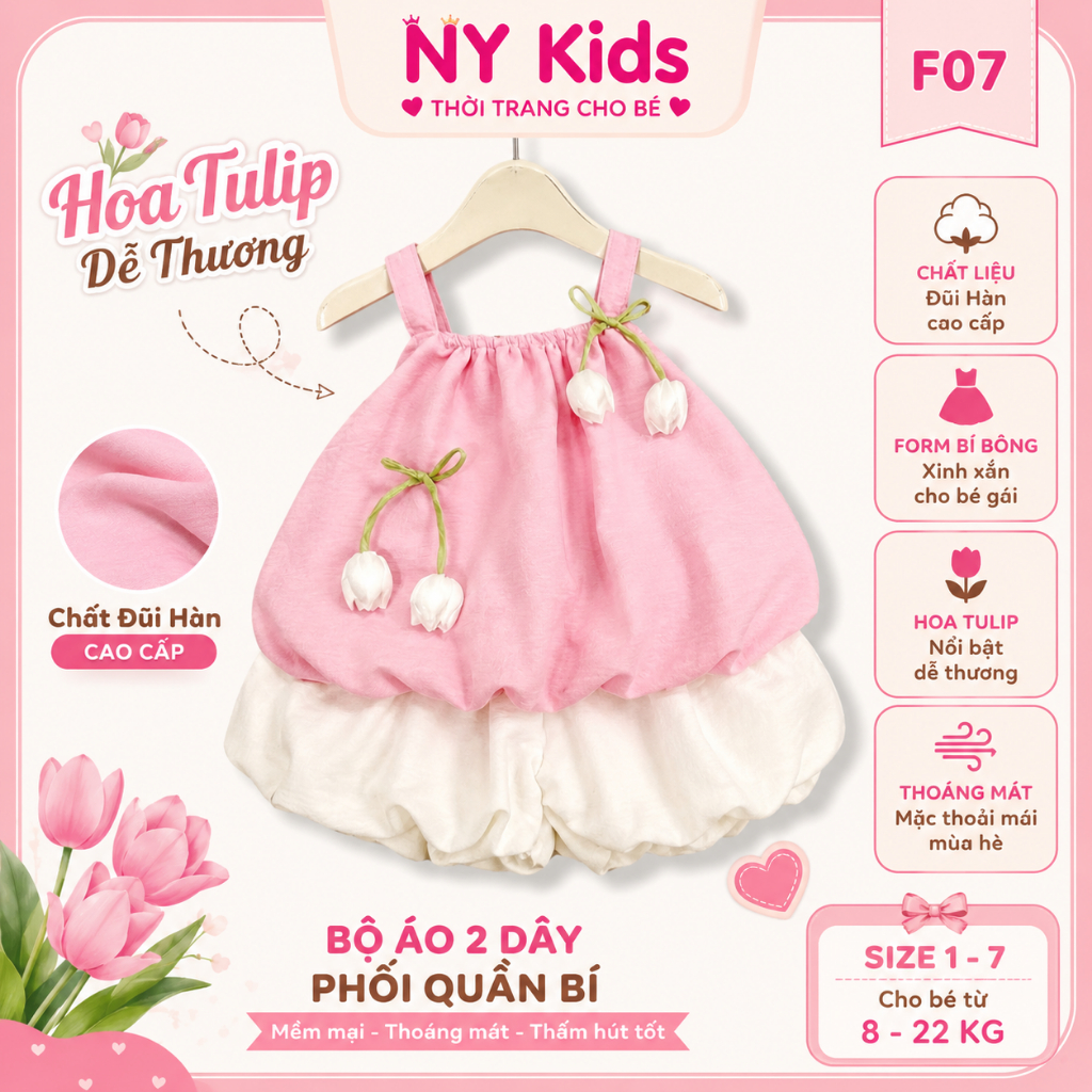 Bộ Đồ Bé Gái Áo 2 Dây Hoa Tulip Phối Quần Bí Đũi Hàn Cao Cấp Form Bồng Mùa Hè Size 1-7 (8-22kg) F07