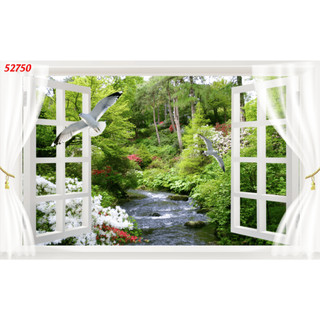 Tranh dán tường 3d cửa sổ thoáng mát tạo cảm giác thoải mái, tự nhiên