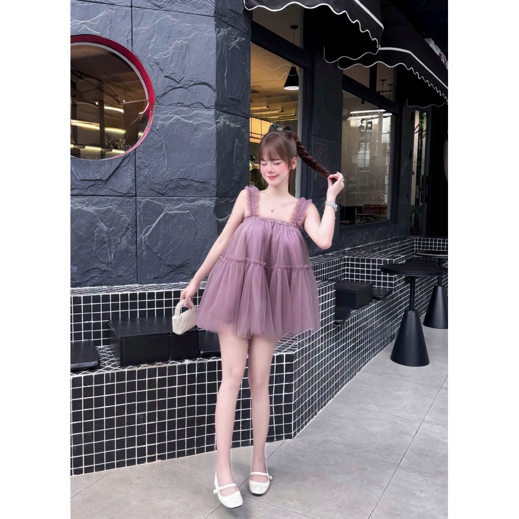 Váy 2 dây phối lưới bèo dáng xuông