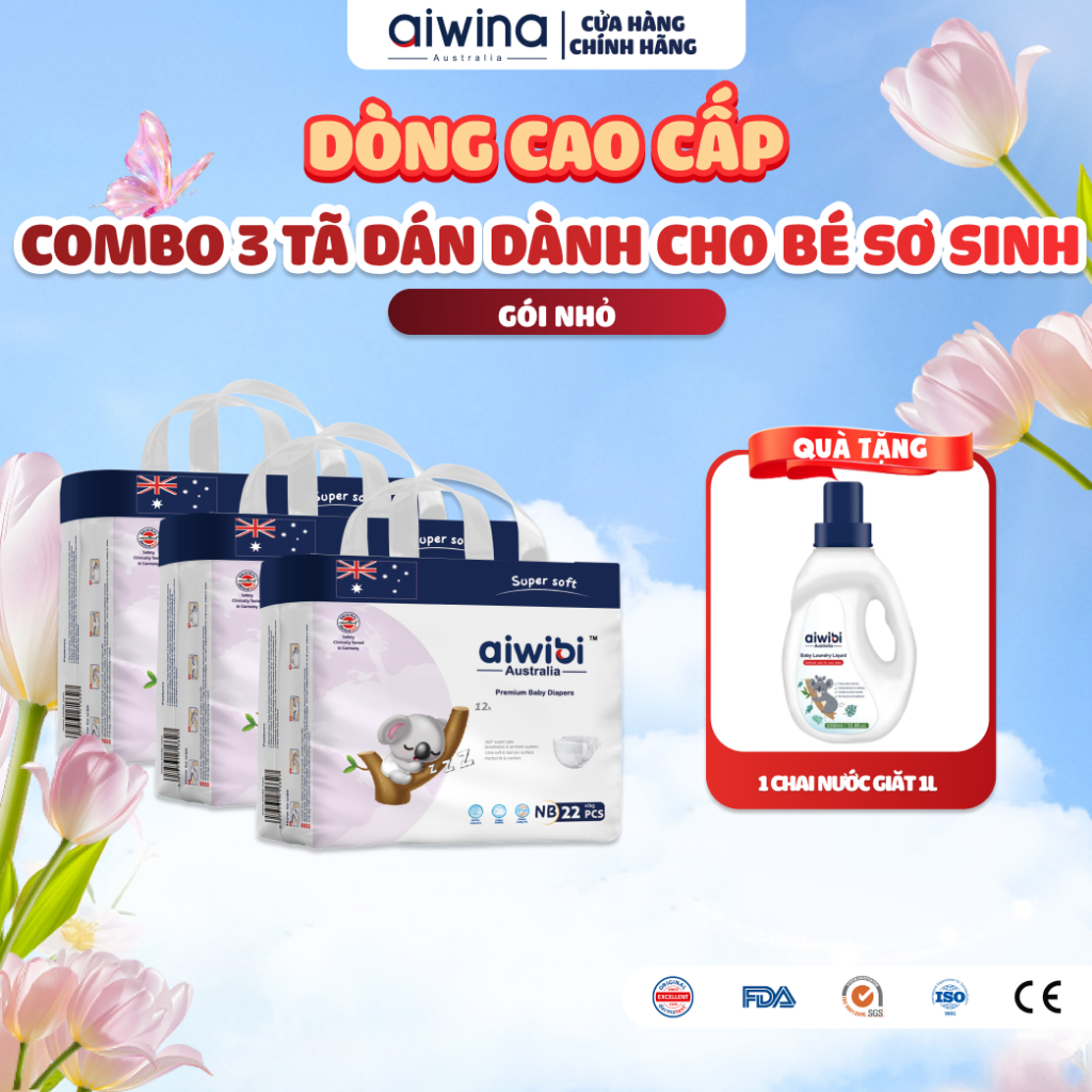 [Combo 3] Tã/Bỉm Cho Trẻ Sơ Sinh Cao Cấp Aiwibi Siêu Thấm Hút, Chống Tràn - Gói New Born 22 Miếng