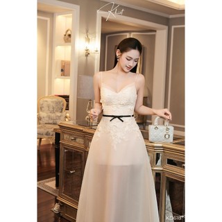 Đầm dài Khiết Style ren hoa 3D phối organza tone kem đầm đi tiệc cưới, sự kiện, nghỉ dưỡng KD618