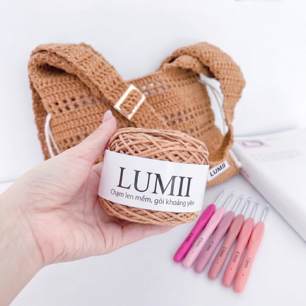 LUMII Len sợi cotton rỗng 2mm chất mềm nhẹ, đứng form chuyên móc túi xách tote Hàn Quốc