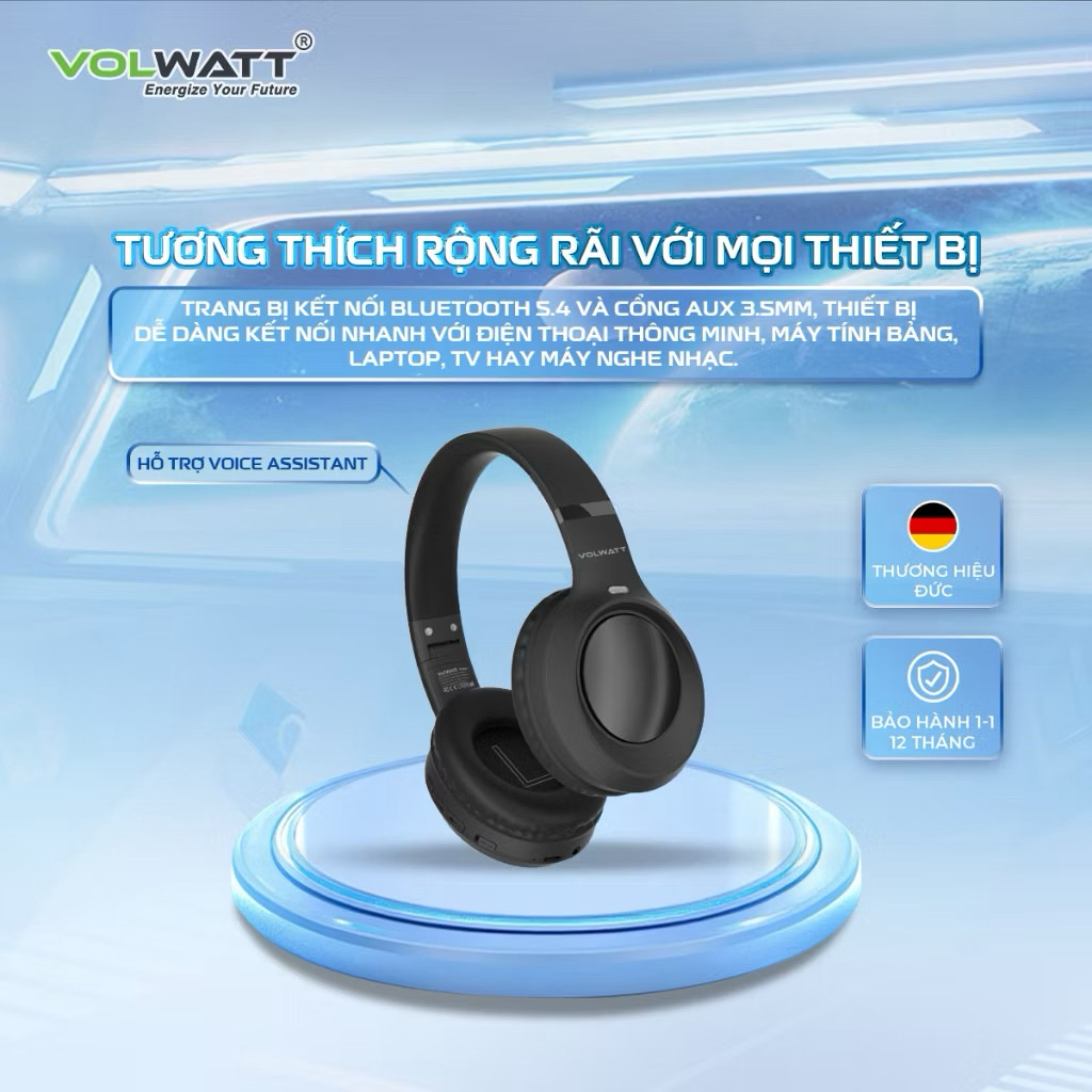 Tai nghe chụp tai không dây Volwatt Flow – Tai nghe Bluetooth chụp tai | AUX + Bluetooth | Pin 200mAh |  5.4 T52M