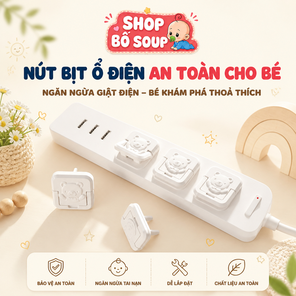 Bịt Ổ Điện Cao Cấp Chống Giật 2 Chân 3 Chân, Nút Bịt Ổ Điện An Toàn Cho Bé Shop Bố Soup