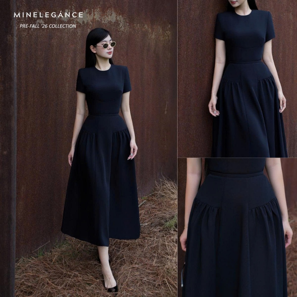 MINELEGÁNCE | VÁY XÒE CỔ TRÒN DÁNG DÀI THANH LỊCH, CÔNG SỞ - MIN140