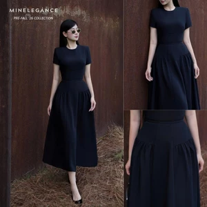 MINELEGÁNCE | VÁY XÒE CỔ TRÒN DÁNG DÀI THANH LỊCH, CÔNG SỞ - MIN140