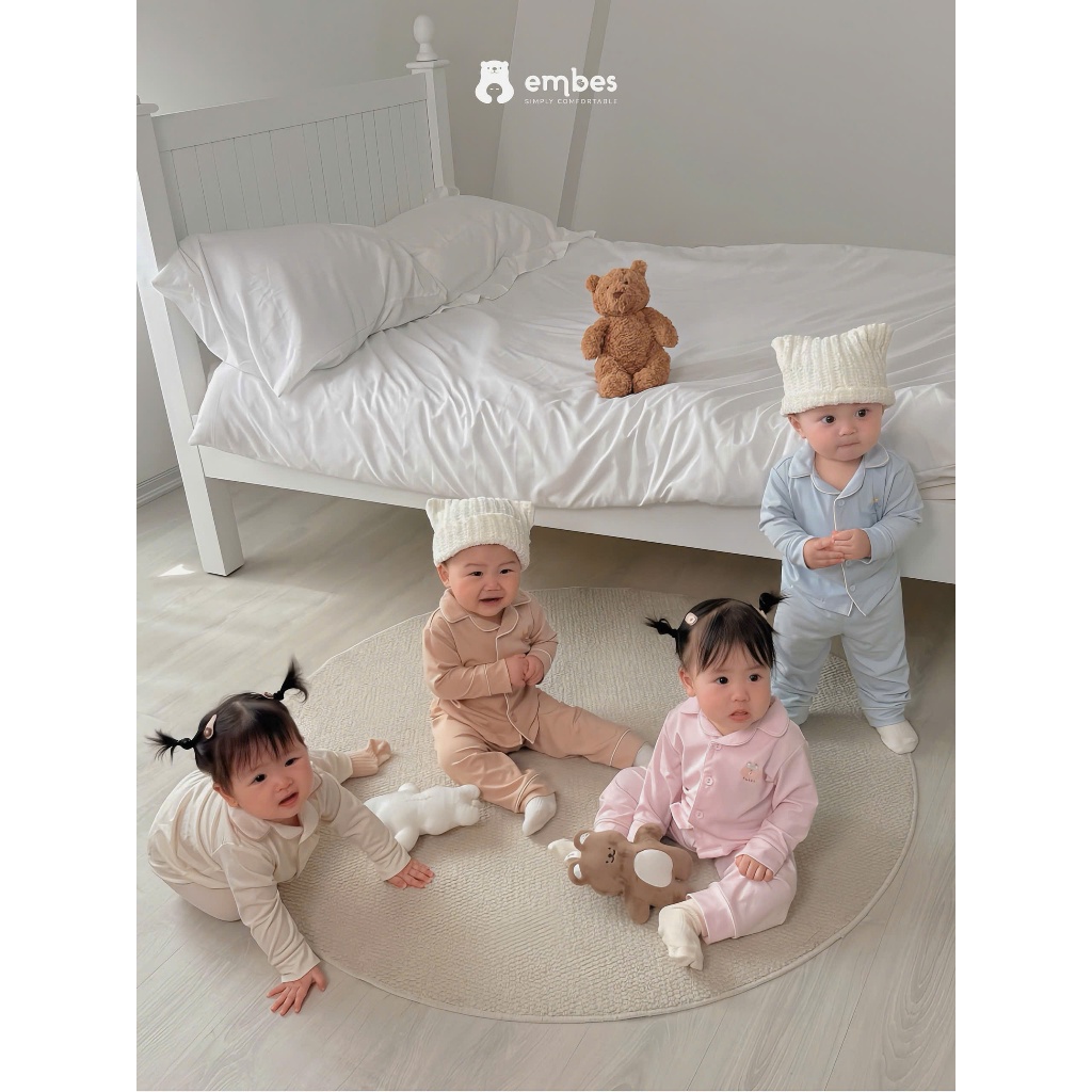 Đồ Ngủ Dài Tay Cho Bé Embes, Bộ Pijama Dài Tay In Họa Tiết Chất Cotton Cho Bé Trai Bé Gái Từ 8-18Kg