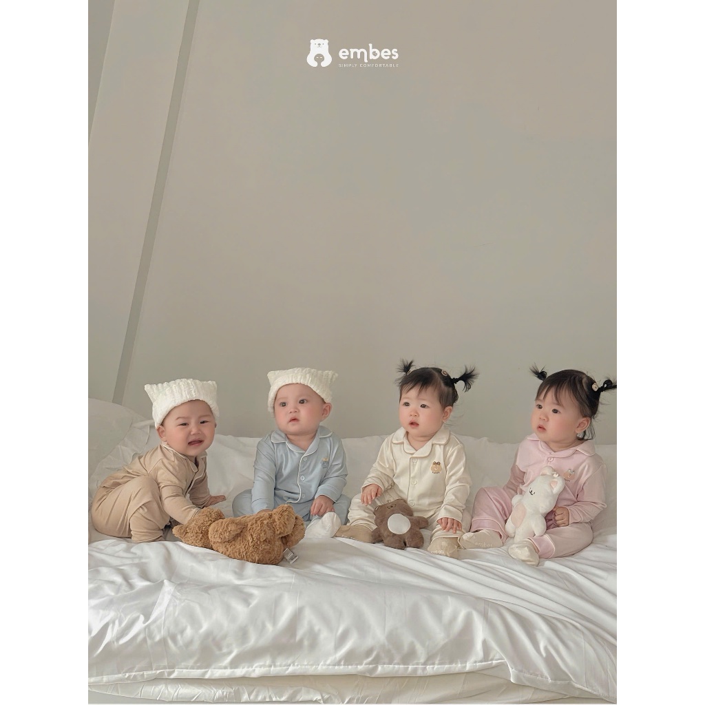 Đồ Ngủ Dài Tay Cho Bé Embes, Bộ Pijama Dài Tay In Họa Tiết Chất Cotton Cho Bé Trai Bé Gái Từ 8-18Kg