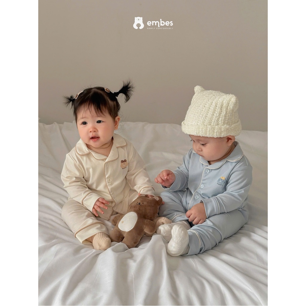 Đồ Ngủ Dài Tay Cho Bé Embes, Bộ Pijama Dài Tay In Họa Tiết Chất Cotton Cho Bé Trai Bé Gái Từ 8-18Kg