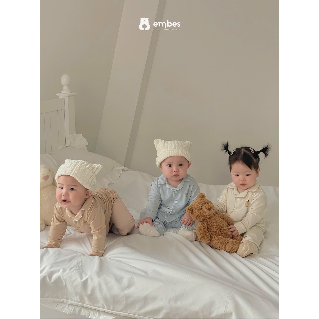 Đồ Ngủ Dài Tay Cho Bé Embes, Bộ Pijama Dài Tay In Họa Tiết Chất Cotton Cho Bé Trai Bé Gái Từ 8-18Kg