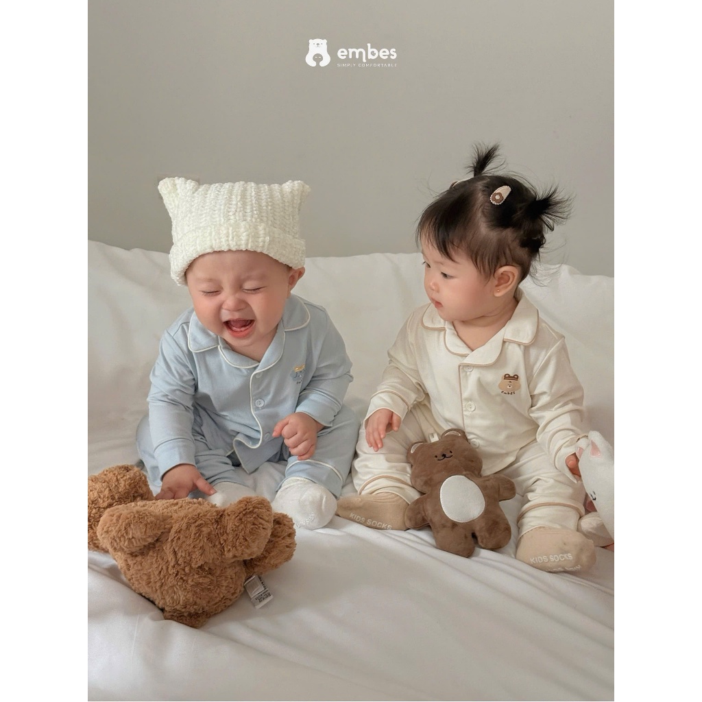 Đồ Ngủ Dài Tay Cho Bé Embes, Bộ Pijama Dài Tay In Họa Tiết Chất Cotton Cho Bé Trai Bé Gái Từ 8-18Kg