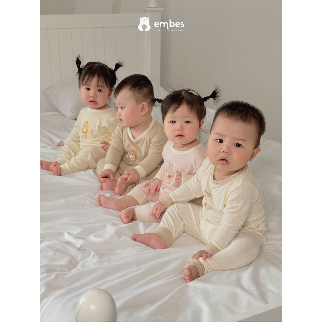 Bộ Dài Tay Cho Bé Embes, Bộ Dài Tay In Họa Tiết Chất Thông Hơi Mỏng Mát Cho Bé Trai Bé Gái Từ 8-18kg