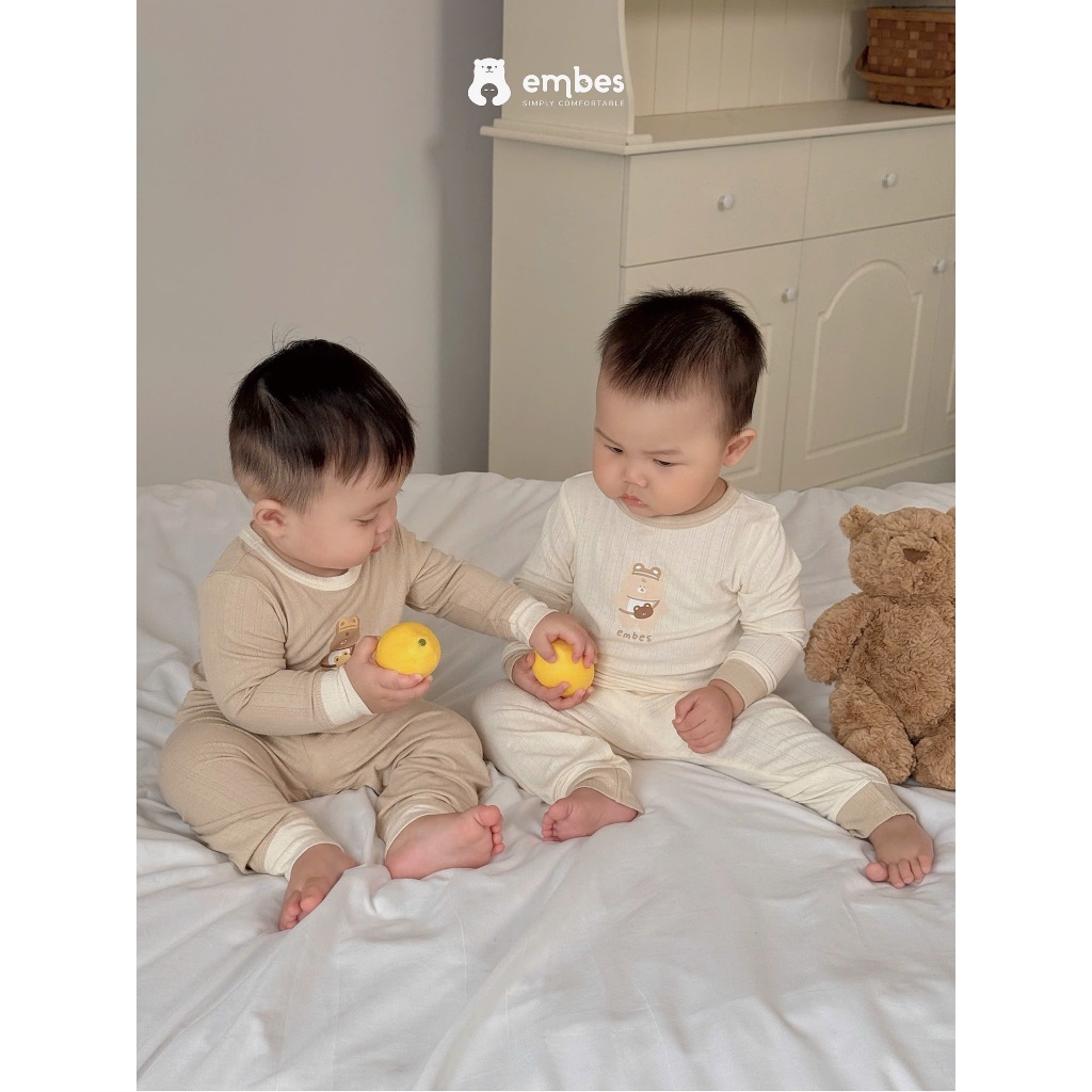 Bộ Dài Tay Cho Bé Embes, Bộ Dài Tay In Họa Tiết Chất Thông Hơi Mỏng Mát Cho Bé Trai Bé Gái Từ 8-18kg