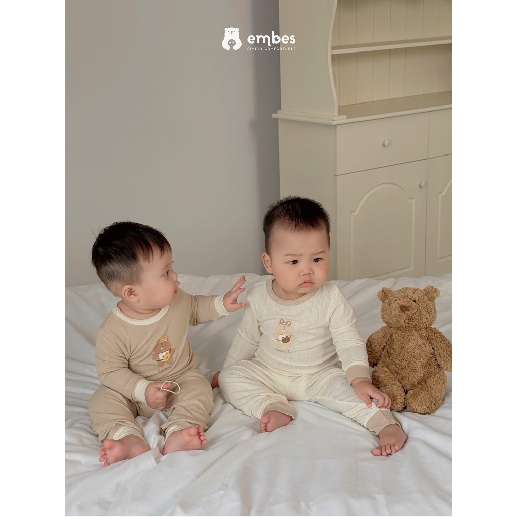 Bộ Dài Tay Cho Bé Embes, Bộ Dài Tay In Họa Tiết Chất Thông Hơi Mỏng Mát Cho Bé Trai Bé Gái Từ 8-18kg