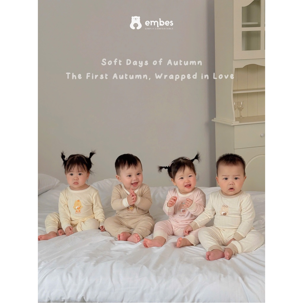 Bộ Dài Tay Cho Bé Embes, Bộ Dài Tay In Họa Tiết Chất Thông Hơi Mỏng Mát Cho Bé Trai Bé Gái Từ 8-18kg