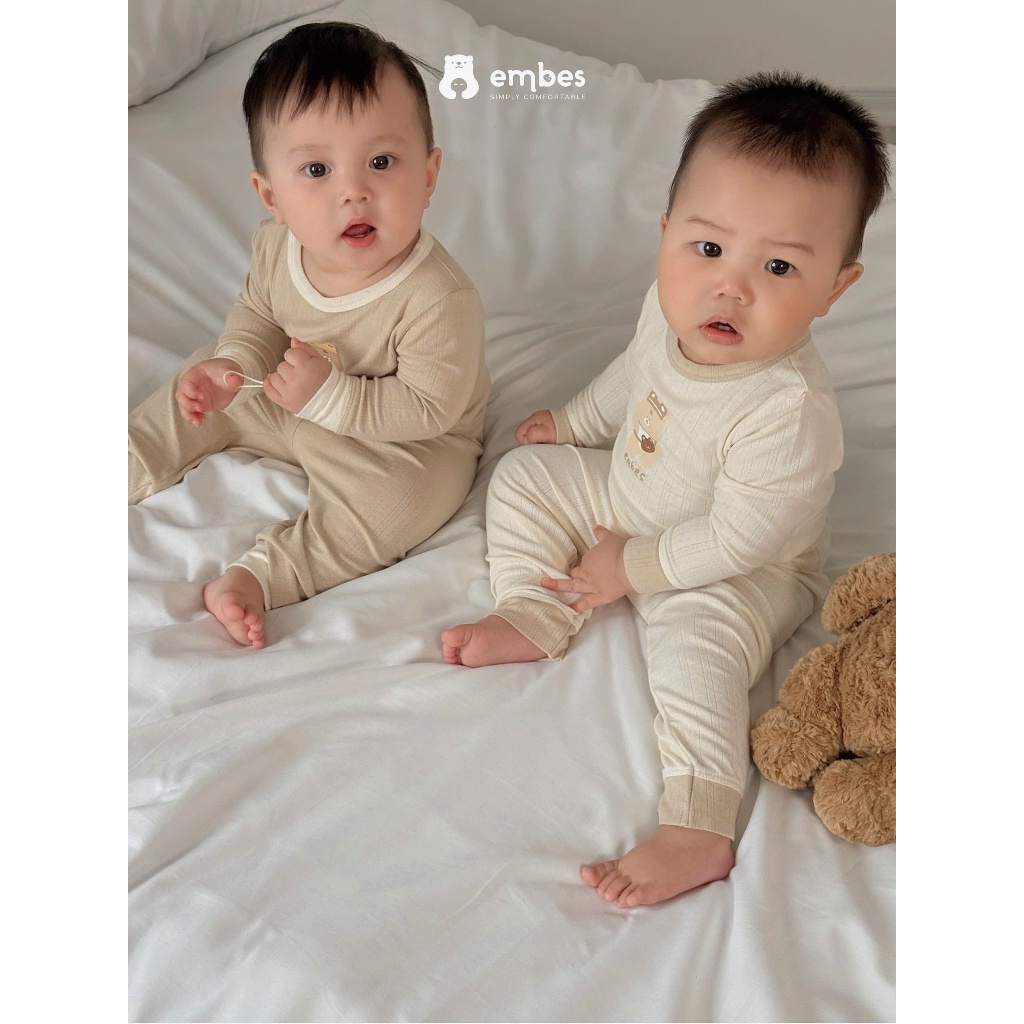 Bộ Dài Tay Cho Bé Embes, Bộ Dài Tay In Họa Tiết Chất Thông Hơi Mỏng Mát Cho Bé Trai Bé Gái Từ 8-18kg