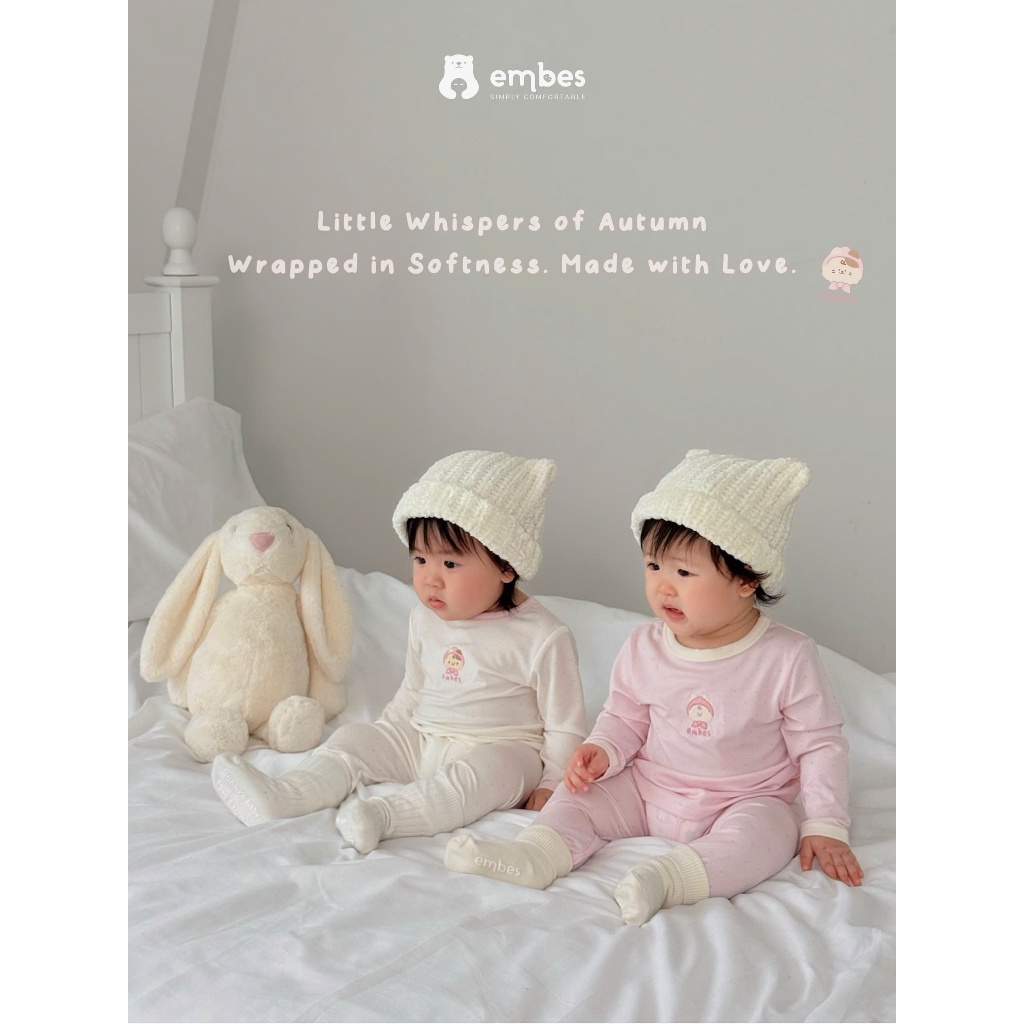 Bộ Dài Tay Bé Gái Embes, Bộ Dài Tay Họa Tiết Chấm Bi Thêu Hình Chất Lycocell Cho Bé Gái Từ 8-18kg